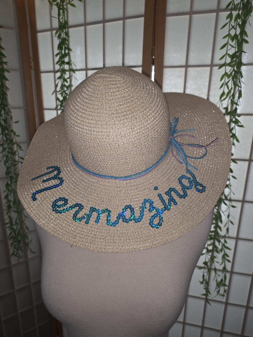 Ellie Beige Wide Brim Straw Sun Hat with Turquoise Sequin 'Mermazing'